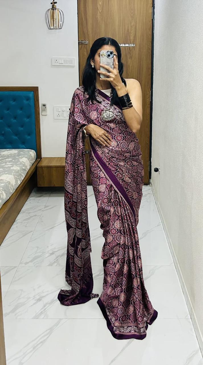 Ruhabs Festive Wear Beautiful Soft Satin Georgette Ajrakh Printed Celebrity Inspired Saree with Blouse Piece