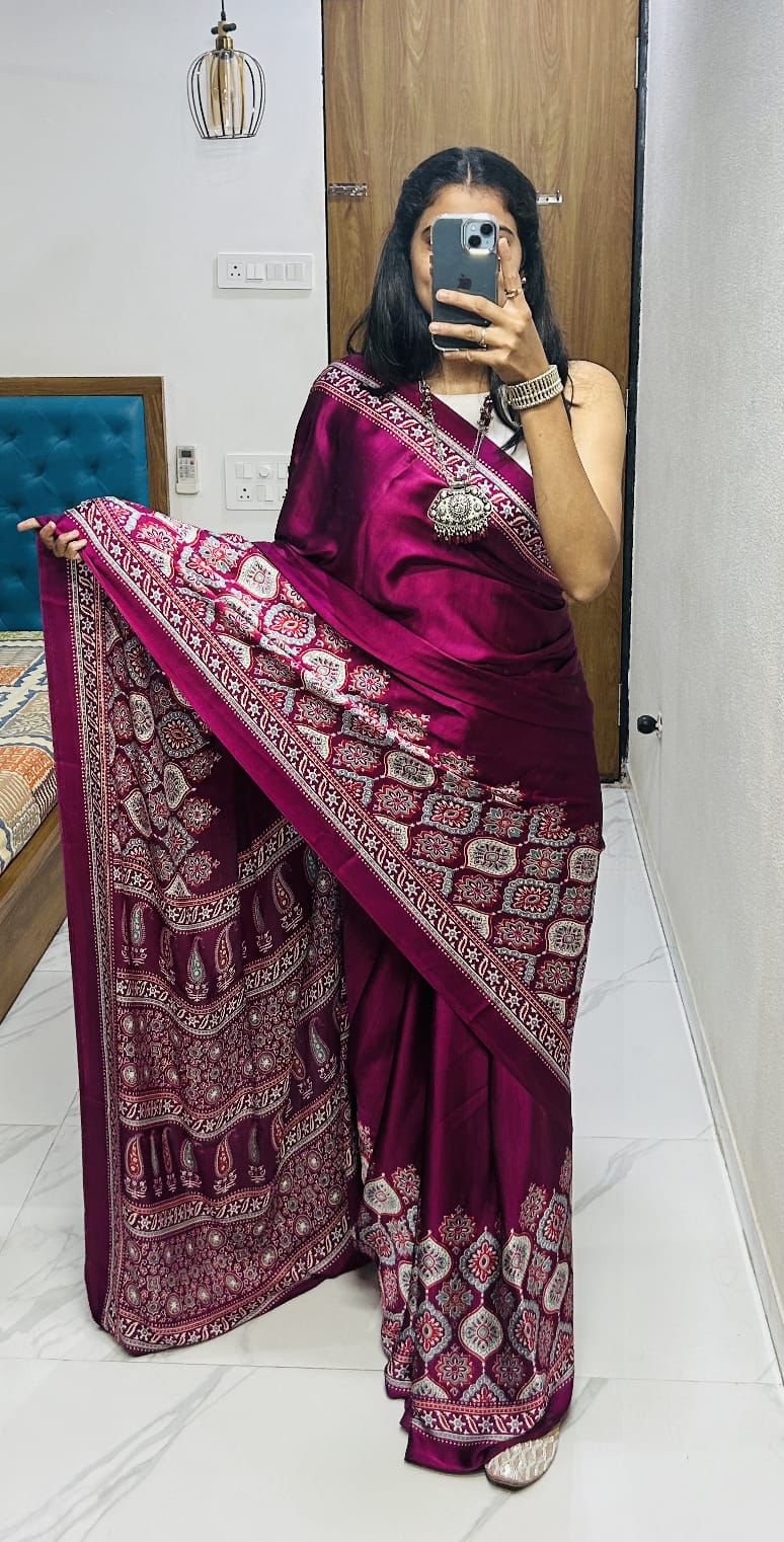 Ruhabs Festive Wear Beautiful Soft Satin Georgette Ajrakh Printed Celebrity Inspired Saree with Blouse Piece