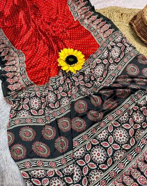 Ruhabs Festive Wear Beautiful Soft Satin Georgette Ajrakh Printed Celebrity Inspired Saree with Blouse Piece
