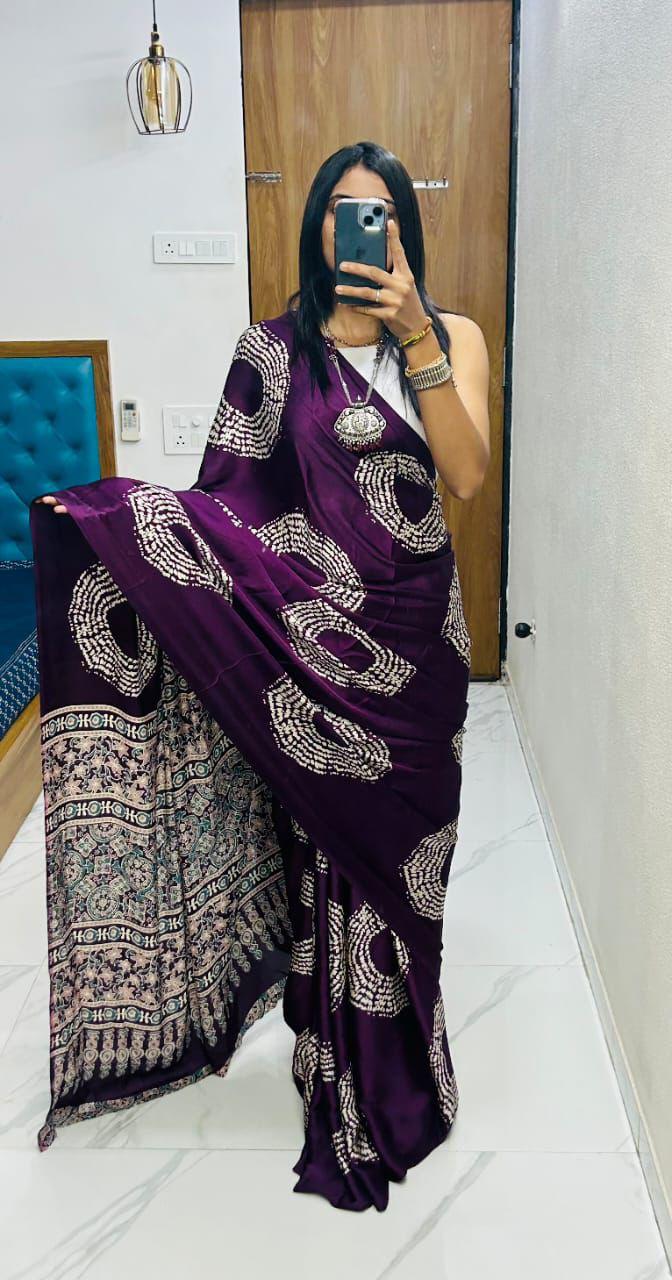 Ruhabs Festive Wear Beautiful Soft Satin Georgette Ajrakh Printed Celebrity Inspired Saree with Blouse Piece