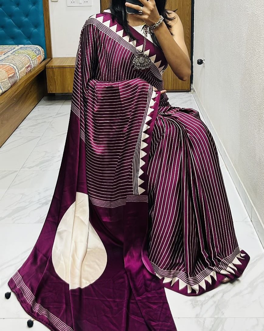 Ruhabs Festive Wear Beautiful Soft Satin Georgette Ajrakh Printed Celebrity Inspired Saree with Blouse Piece