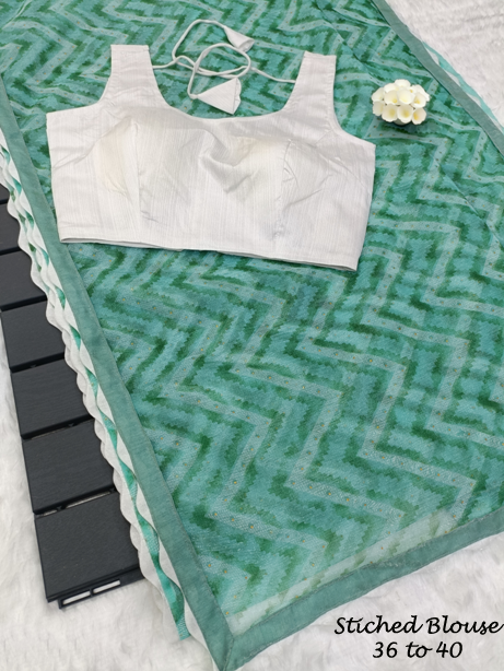 Ruhabs Fastive Wear Printed Soft Net Organza Saree With Stich Blouse Bust 36 up to 40 / 40 to 44