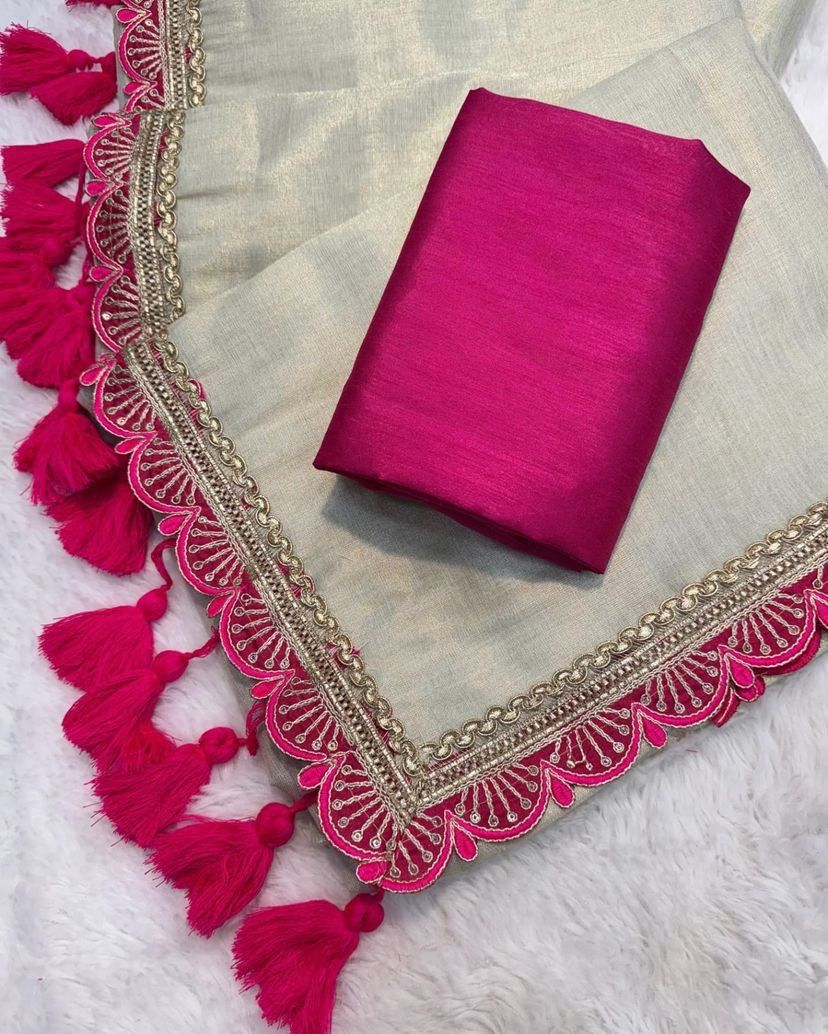 Ruhabs Beautiful Soft. Golden Tissue Silk Saree with Embroidery Work Lace Border