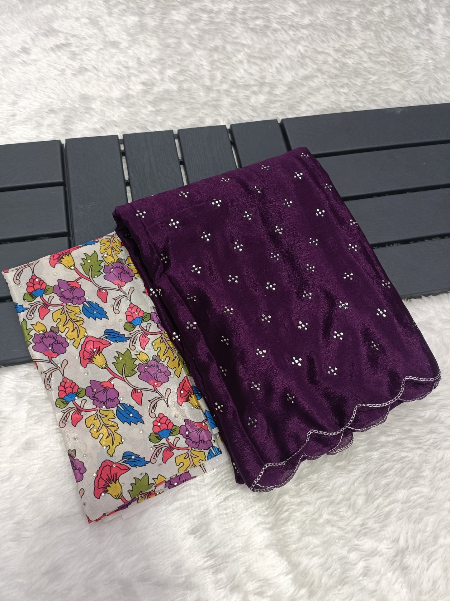 Ruhabs Beautiful Soft Chinnon Silk Designer saree With all over Mukaish Work & Silver Aarco Border Along With Designer Printed Blouse With Mukesh Work