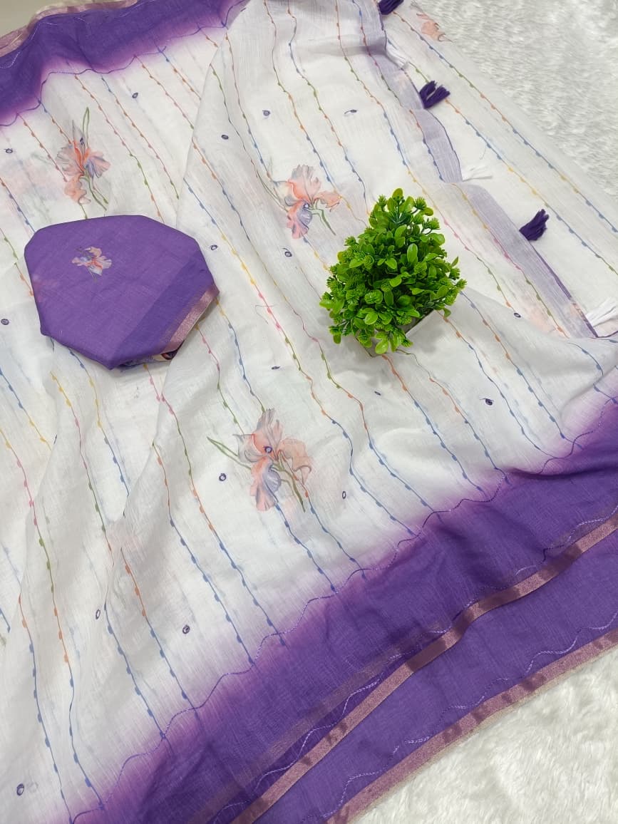 Ruhabs Women's Woven Linen Blend Saree with Embroidered Floral Design With Blouse Piece