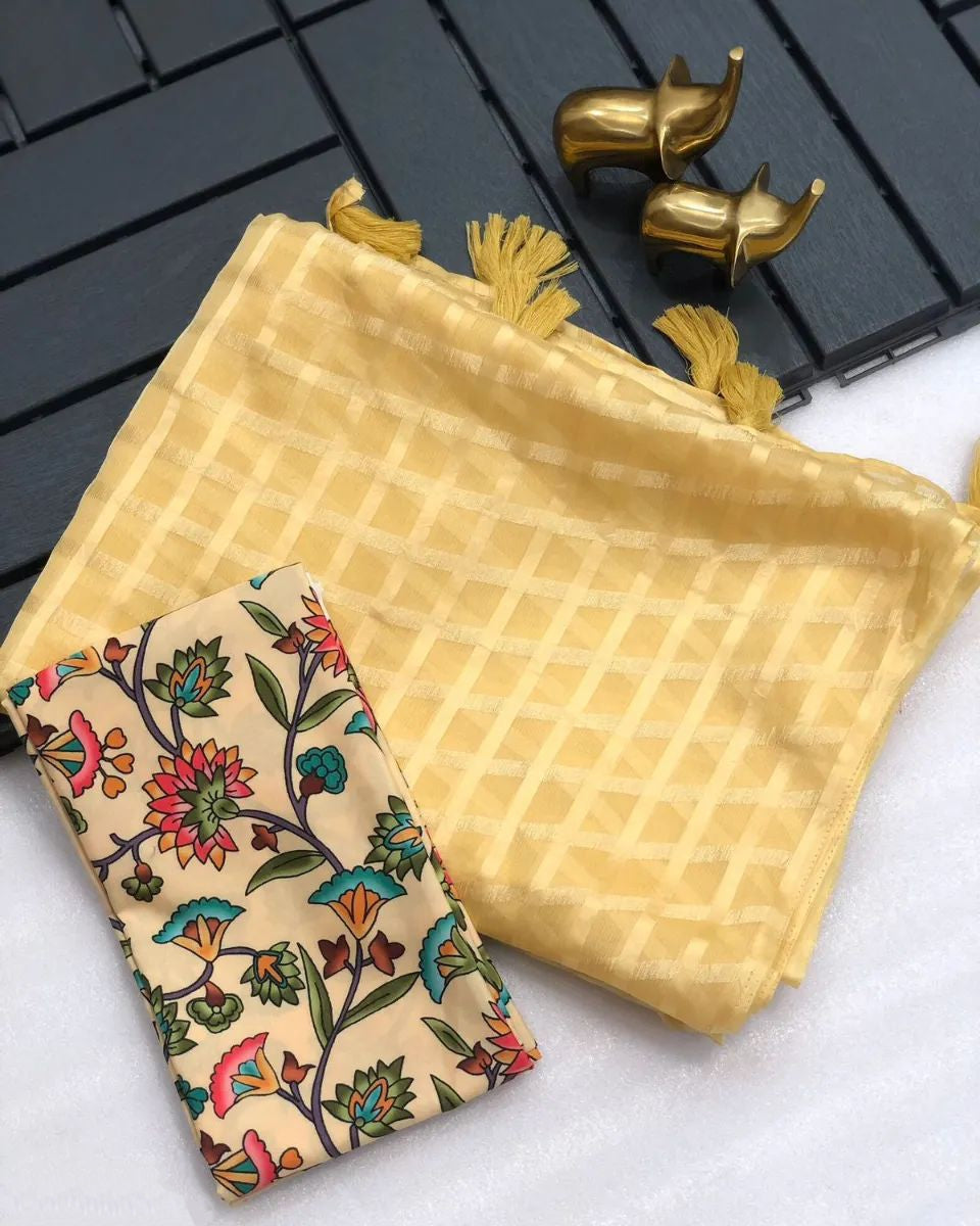 Ruhabs Fastive Wear Soft Georgette Wrinkle Style Chex Woven Saree With Blouse Piece