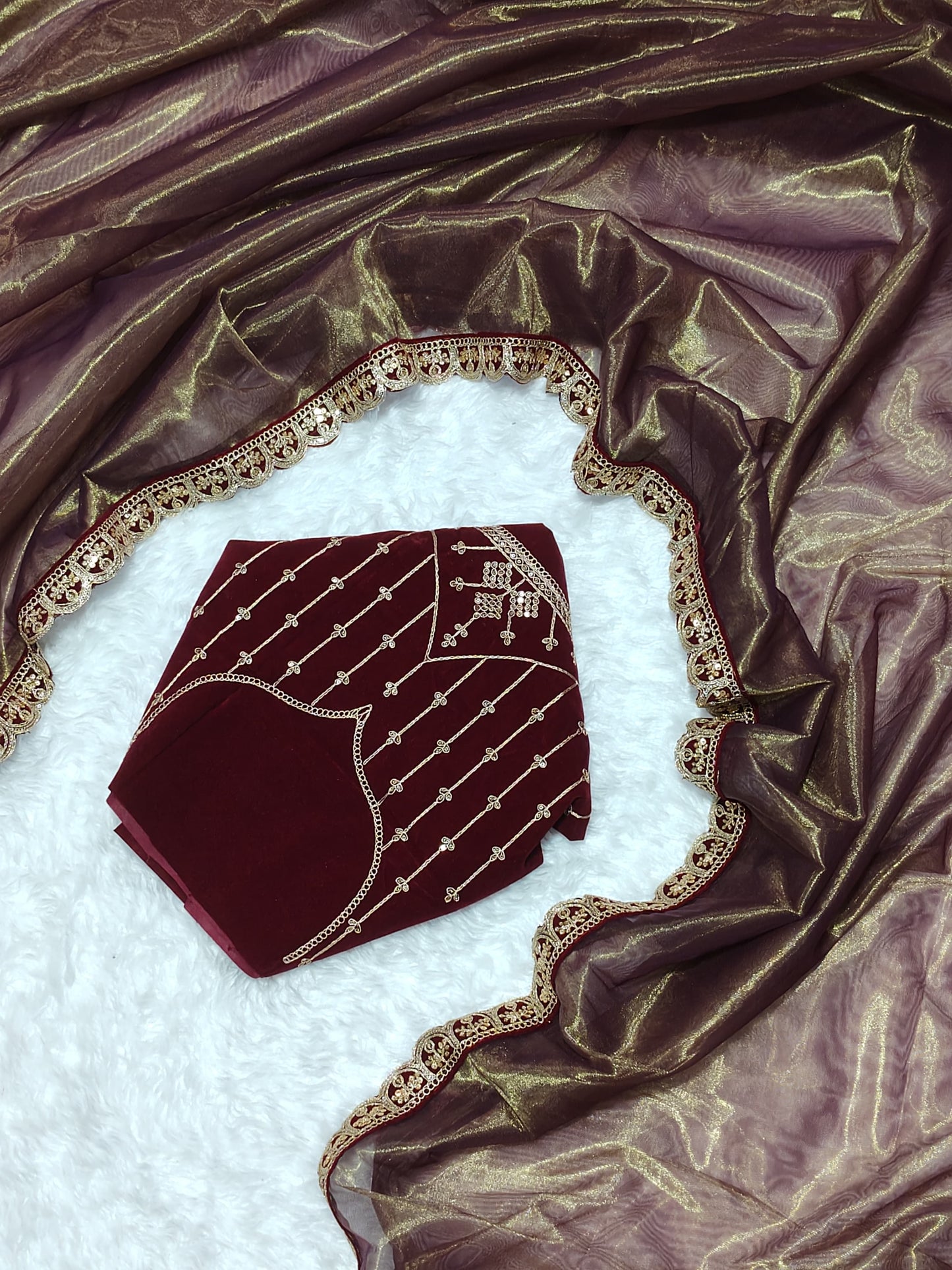 Ruhabs Beautiful Soft. Shimmer Net Tissue Sarees with Scallop border and embroidered Blouse piece