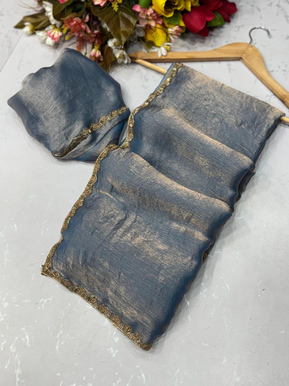 Ruhabs Beautiful Soft Imported Frandy Crush Celebrity Inspired Sarees with Designer Cutdana Moti Work Lace Border.