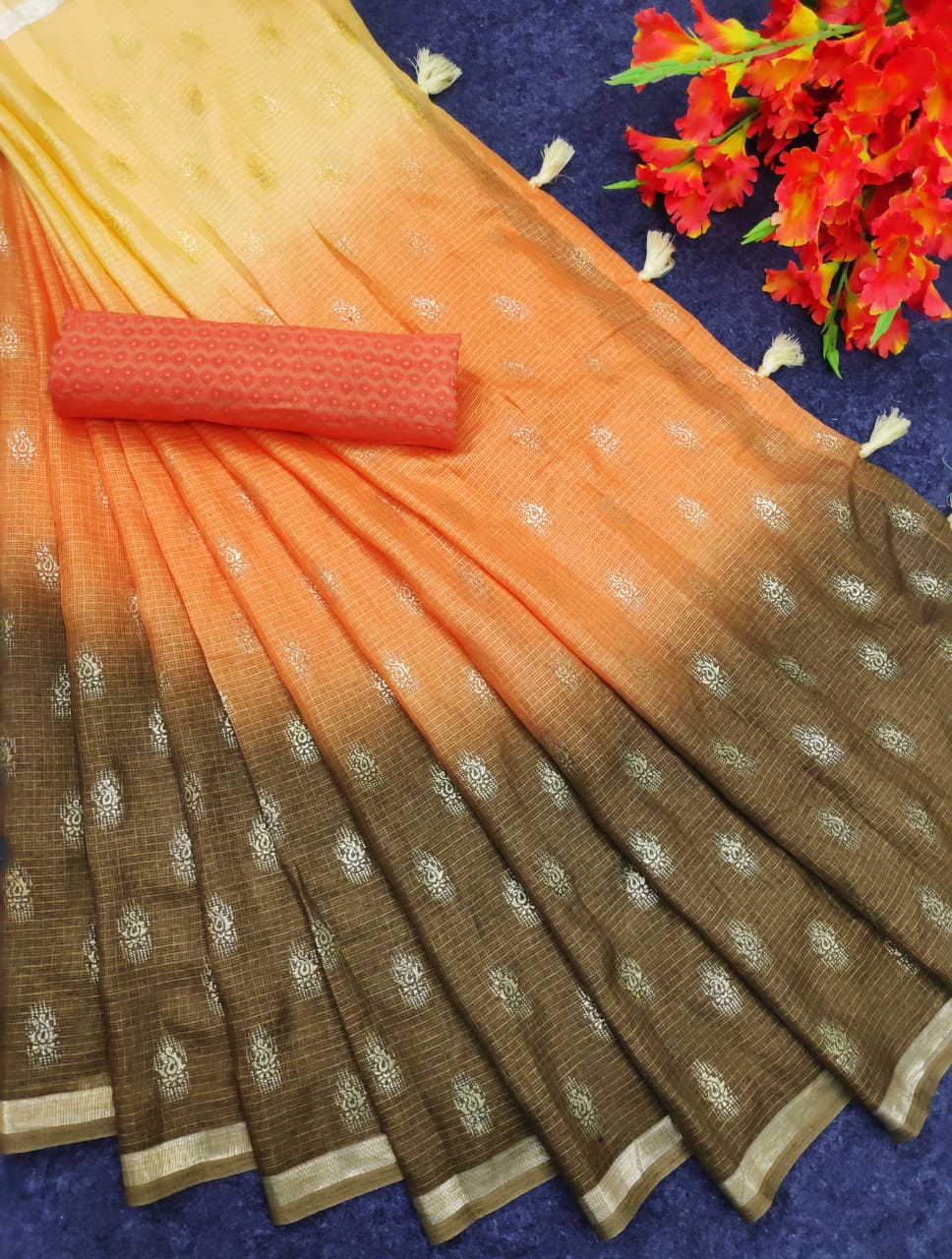 Ruhabs festive wear Kota Doria Cotton Saree With Blouse Piece