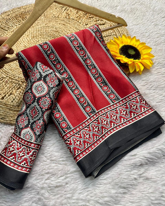 Ruhabs Festive Wear Beautiful Soft Satin Georgette Ajrakh Printed Celebrity Inspired Saree with Blouse Piece