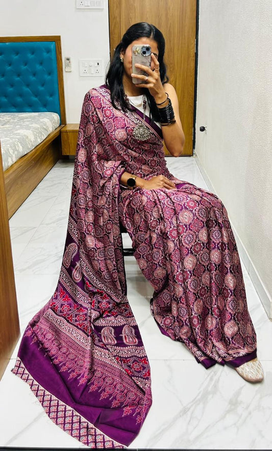 Ruhabs Festive Wear Beautiful Soft Satin Georgette Ajrakh Printed Celebrity Inspired Saree with Blouse Piece