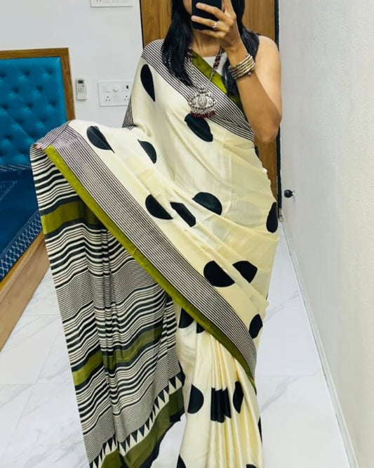 Ruhabs Festive Wear Beautiful Soft Satin Georgette Ajrakh Printed Celebrity Inspired Saree with Blouse Piece