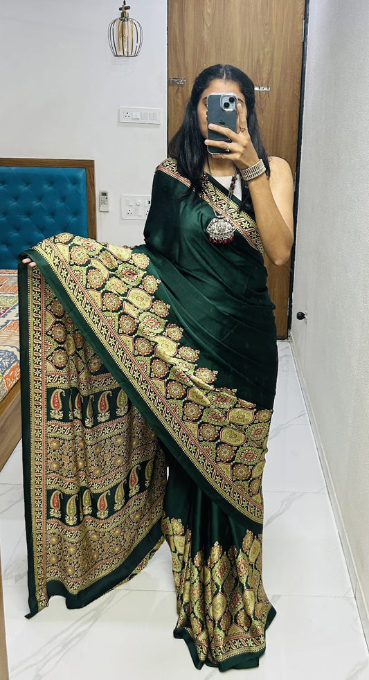 Ruhabs Festive Wear Beautiful Soft Satin Georgette Ajrakh Printed Celebrity Inspired Saree with Blouse Piece