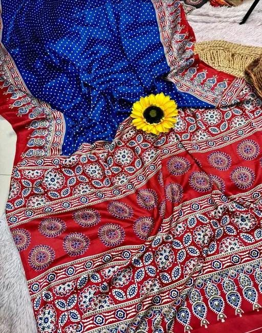 Ruhabs Festive Wear Beautiful Soft Satin Georgette Ajrakh Printed Celebrity Inspired Saree with Blouse Piece