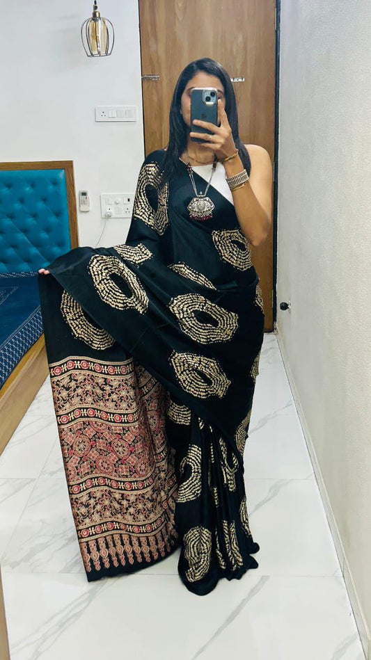 Ruhabs Festive Wear Beautiful Soft Satin Georgette Ajrakh Printed Celebrity Inspired Saree with Blouse Piece