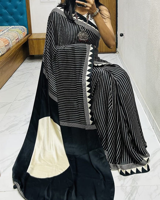 Ruhabs Festive Wear Beautiful Soft Satin Georgette Ajrakh Printed Celebrity Inspired Saree with Blouse Piece