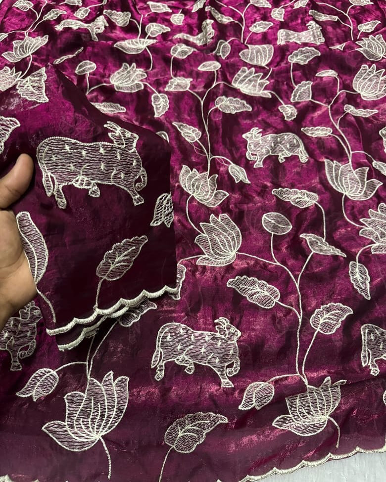 Ruhabs Beautiful Soft Space  Fendi Silk Multi Embroderiy Work Celebrity Inspired Sarees with Blouse Piece