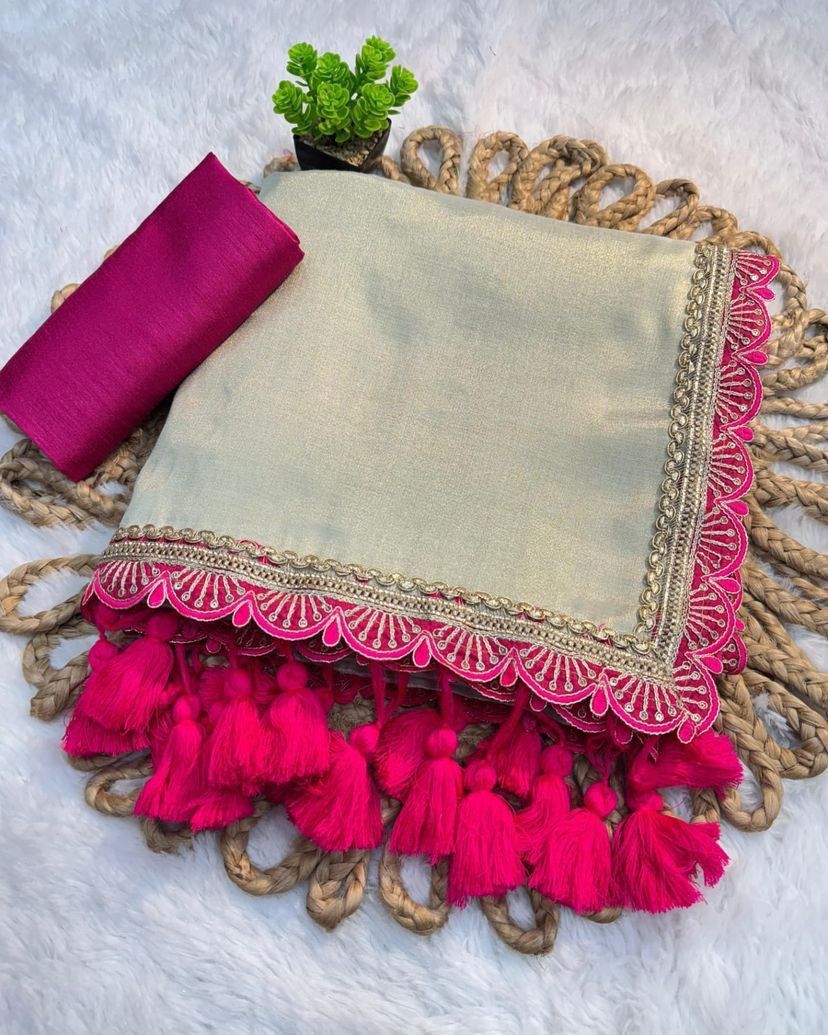 Ruhabs Beautiful Soft. Golden Tissue Silk Saree with Embroidery Work Lace Border