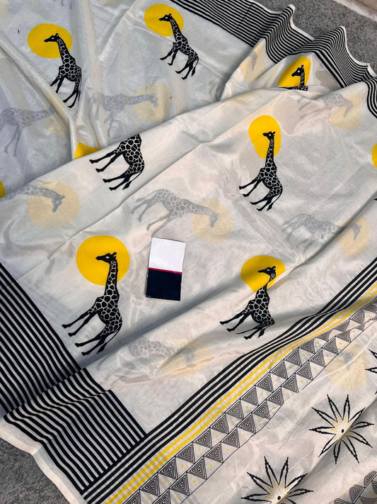 Ruhabs Festive Wear Beautiful Digital Printed Linen Saree with blouse Piece