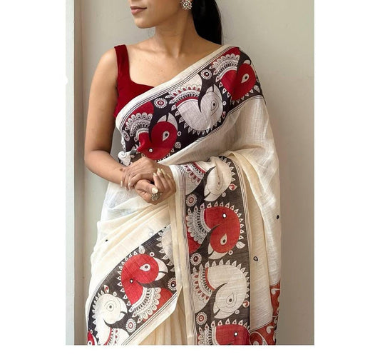 Ruhabs Festive Wear Beautiful Digital Printed Linen Saree with blouse Piece