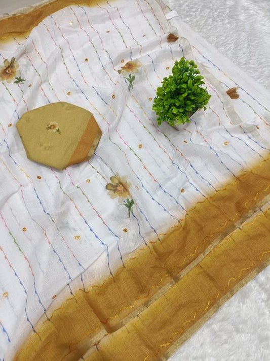 Ruhabs Women's Woven Linen Blend Saree with Embroidered Floral Design With Blouse Piece