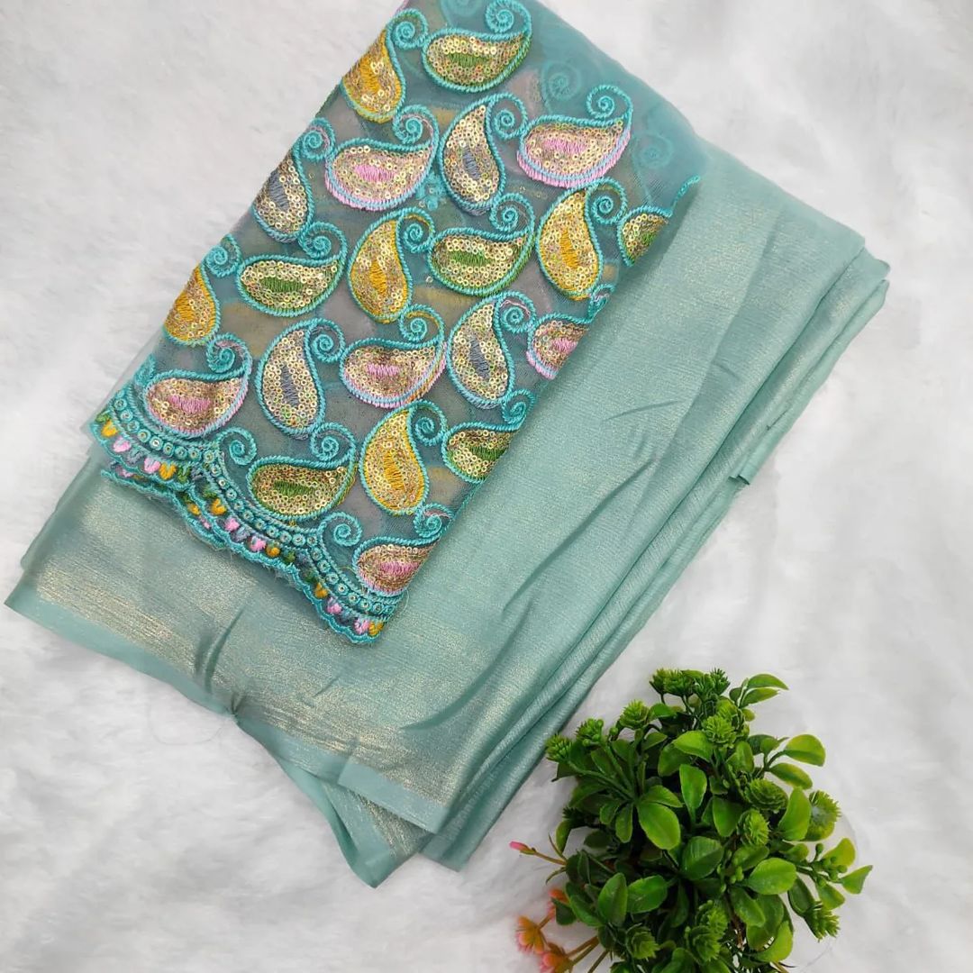 Ruhabs Beautiful Soft Shimmer Chiffon Sarees with Embroidered Blouse