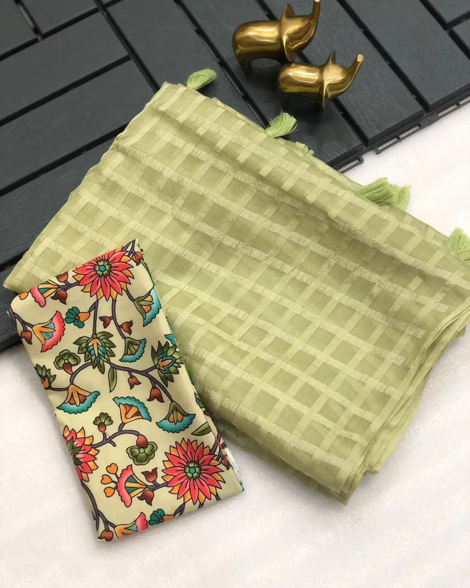 Ruhabs Fastive Wear Soft Georgette Wrinkle Style Chex Woven Saree With Blouse Piece