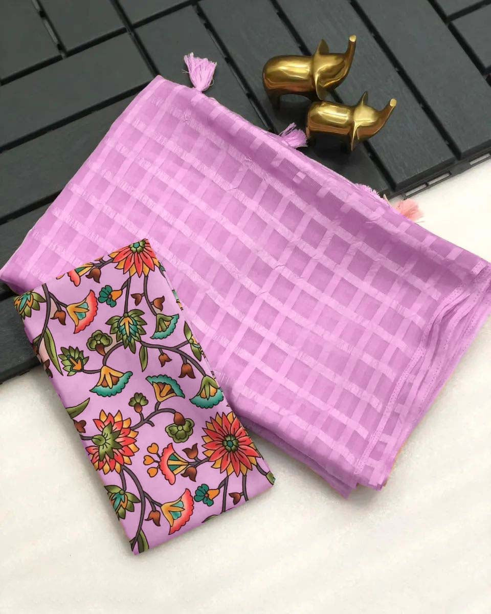 Ruhabs Fastive Wear Soft Georgette Wrinkle Style Chex Woven Saree With Blouse Piece