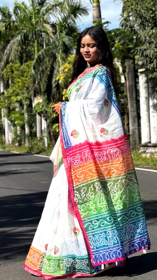 Ruhabs Women's Premium Cotton Linen Printed Saree with Bandhej Printed Pallu Design | Woman Saree | Saree for Girls | Cotton Saree | Simple Saree | Saree with Blouse