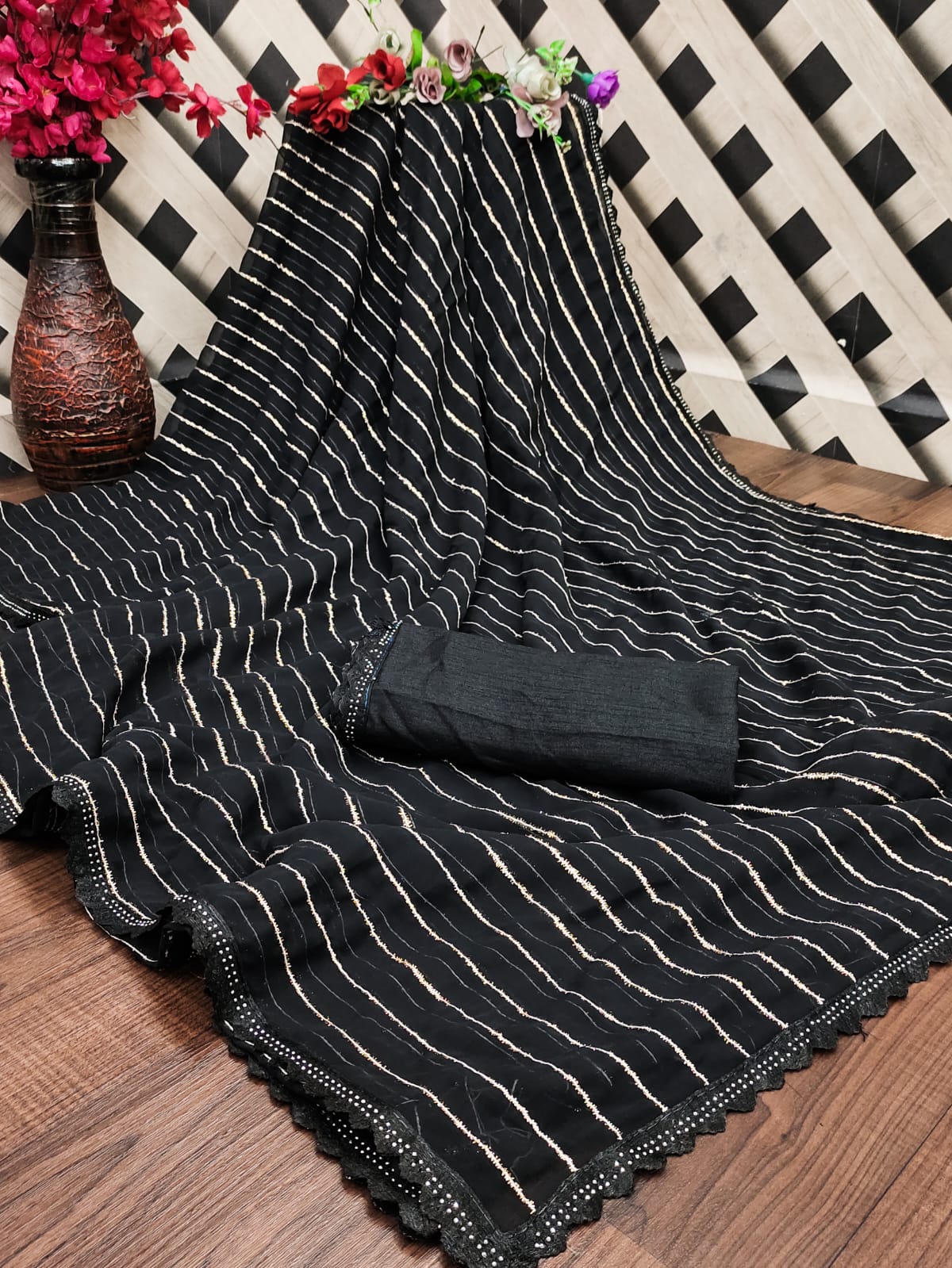 Ruhabs Bollywood Designer Fur Georgette Saree with Blouse Piece