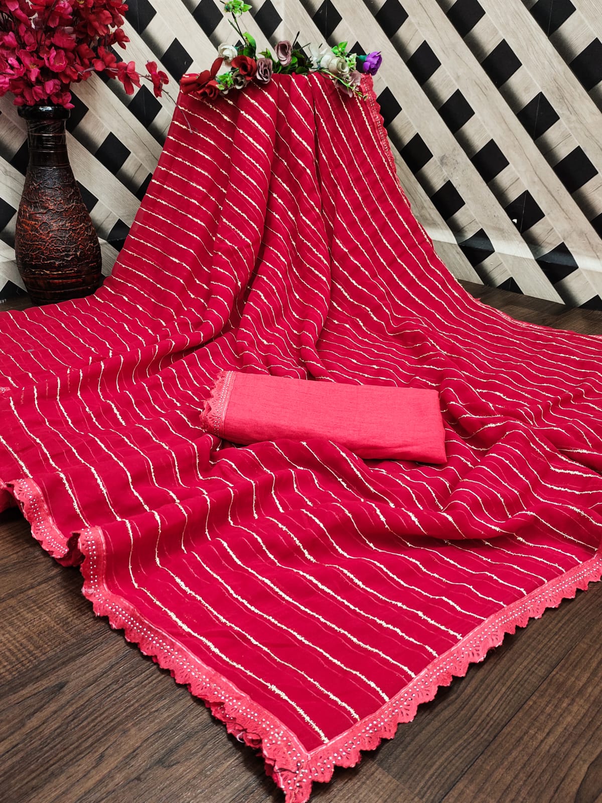 Ruhabs Bollywood Designer Fur Georgette Saree with Blouse Piece