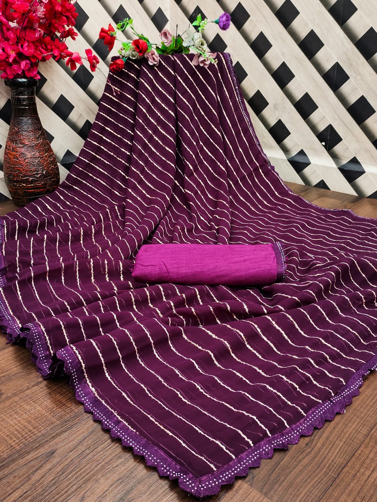 Ruhabs Bollywood Designer Fur Georgette Saree with Blouse Piece